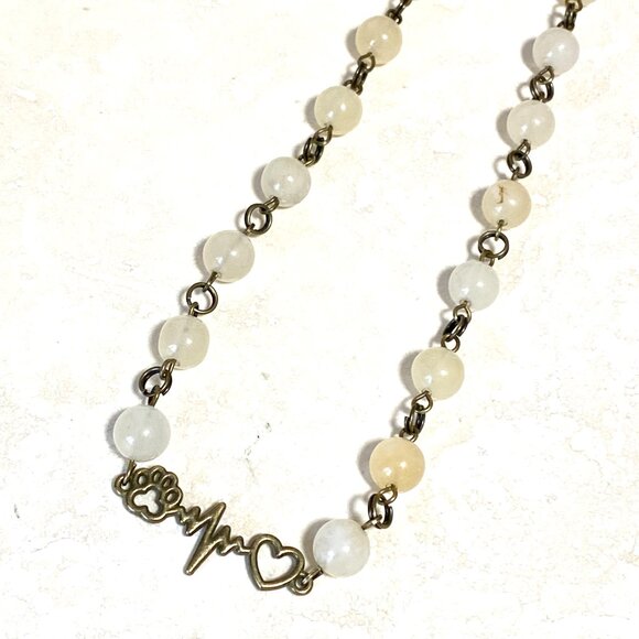 Natural Yellow Aventurine Necklace, Bronze Paw Print Heart Beat+Genuine Gemstone - Picture 5 of 14